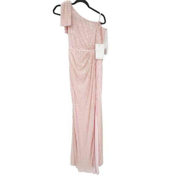 Mac Duggal Pearl Embellished Soft Tie One Shoulder Gown Pink Size 4 NWT - Picture 13 of 14